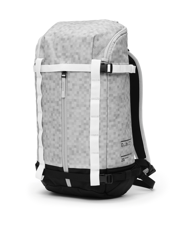 Db Backcountry Backpack 20L in White Noise pixel print with white attachment straps.