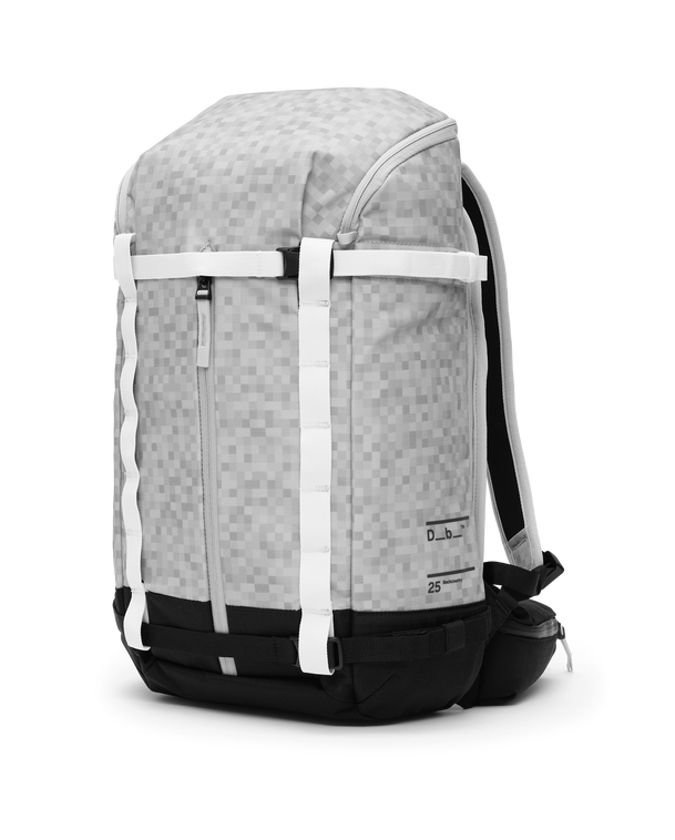 Db Backcountry Backpack 25L in White Noise pattern with white utility straps and durable black base.