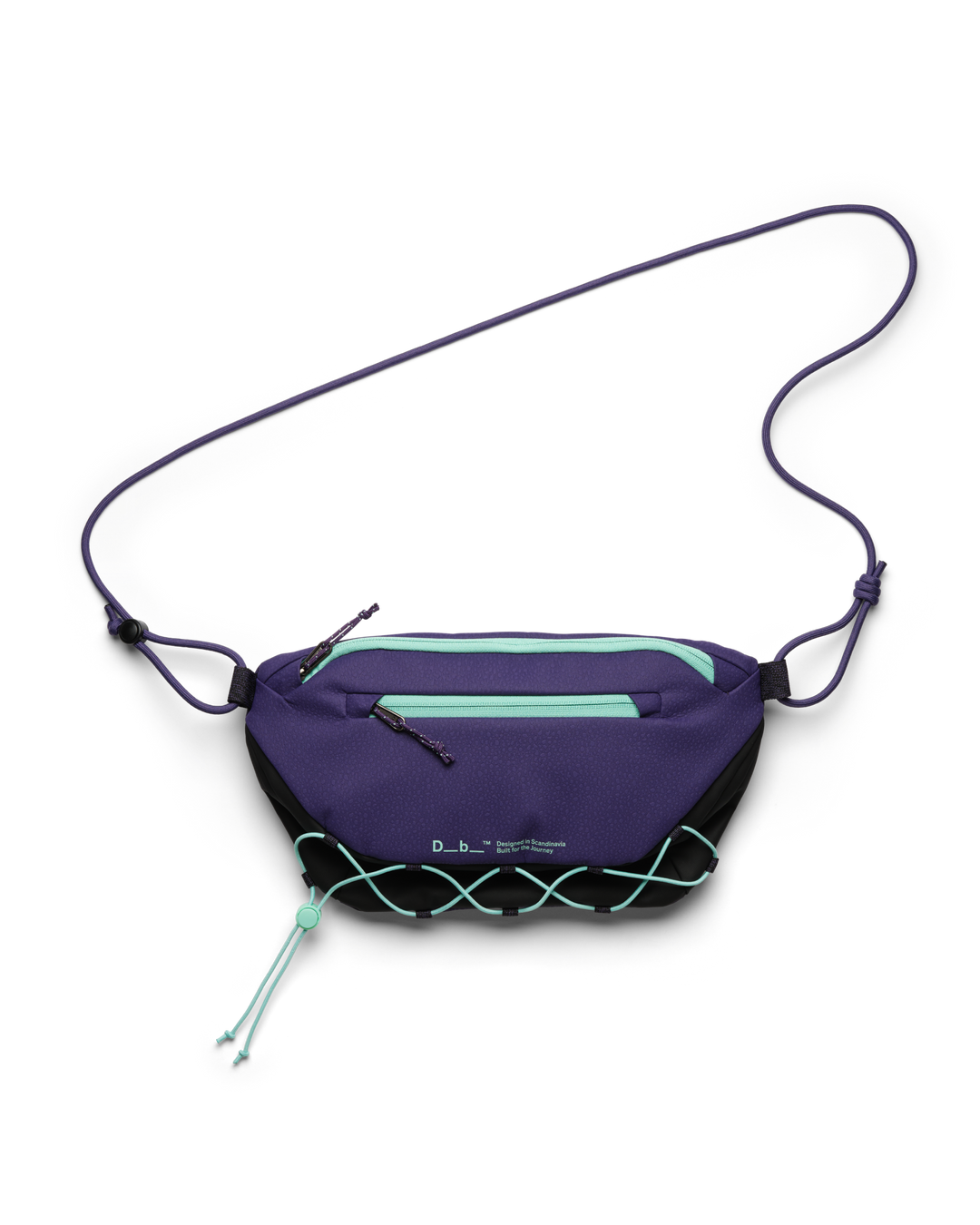 Db Roamer Pro 6L sling bag in black and purple with teal zippers and elastic bungee cord.